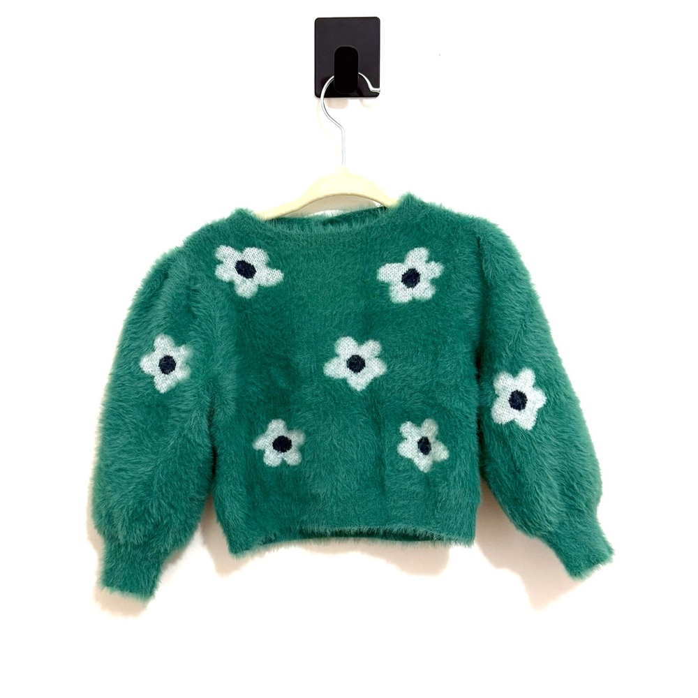 Mayoral Green Fuzzy Sweater with Floral Design